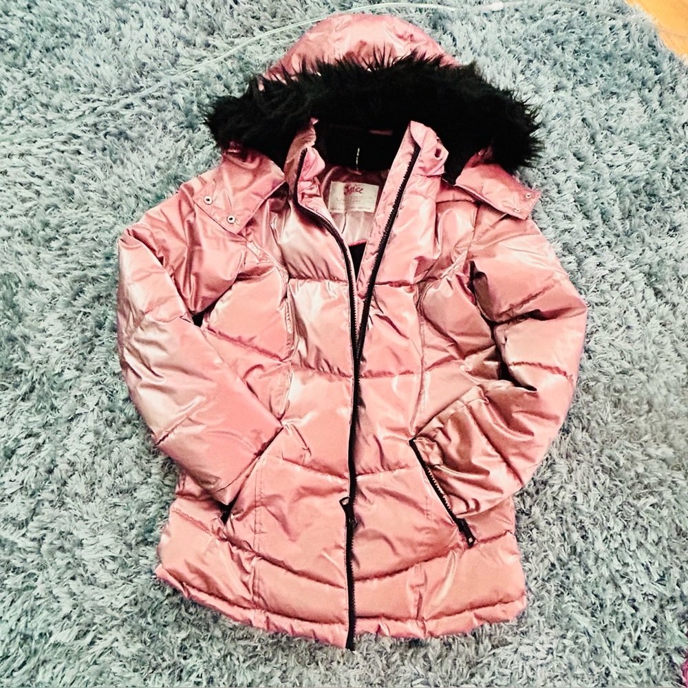 Justice Shiny Pink Puffer Coat with Black Faux Fur Hood